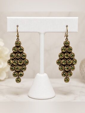 Vintage Green Rhinestone Cluster Dangle Earrings Gold Tone Statement Earrings